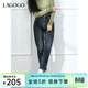 LAGOGO深藍色加絨直筒牛仔褲女拉谷谷2024冬新款保暖復古風(fēng)鉛筆褲 深牛仔藍(N2) M