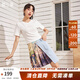兩三事 華麗流派 2025春季新款復古壓褶油畫(huà)印花拼接牛仔半身裙 拼色 S