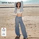 MISS SIXTY淺色牛仔褲復古顯瘦女松緊腰系帶垂感闊腿褲薄款 淺藍 XL (30碼以上）