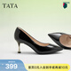 他她（TATA）女鞋高跟鞋尖頭新款細跟裸色通勤單鞋女鞋氣質(zhì)新 黑色（舒適牛皮革-7cm） 38