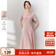 尚都比拉短袖連衣裙女夏季時(shí)尚通勤中長(cháng)款a字裙釘珠收腰顯瘦裙子 粉色 L