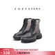 COZY STEPS可至女士秋冬厚底舒適增高休閑靴中筒圓頭防滑牛皮馬丁靴 曜石黑+漸變光影灰 37