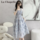 拉夏貝爾（La Chapelle）短袖雪紡連衣裙女裝2026年夏季新款時(shí)尚中長(cháng)款法式小個(gè)子夏天裙子 灰藍色碎花 XL