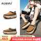 AU&MU2026春季新款絨面牛皮休閑鞋輪胎厚底大碼女鞋透氣一腳蹬懶人鞋子 栗色【真皮】【5cm輪胎底】2066 38