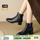ZHR頭層牛皮短靴女復古尖頭時(shí)裝靴女加絨媽媽鞋粗跟女靴 KM11AG黑 37