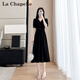 拉夏貝爾（La Chapelle）黑色短袖V領(lǐng)雪紡連衣裙女2026夏季新款顯瘦高級感小黑a字裙子女 黑色 L 建議110-120斤