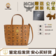MCM經(jīng)典老花滿(mǎn)印菜籃子 toni 涂層帆布拼納帕皮革飾邊 Tote手提包 MWPAATN04CO001干邑色