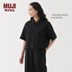 MUJI 女式 漢麻混 斜紋 短袖襯衫女士襯衣外套夏季款25年女裝 黑色 XL (165/92A)