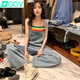 DGOV2026夏季新款背帶褲女韓版寬松闊腿褲減齡高腰闊腿牛仔褲背帶 淺藍色 XS