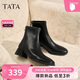 他她TATA靴子女秋冬黑色時(shí)裝短靴粗跟瘦瘦鞋 黑色（絨里） 36