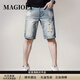 MAGIOPY奢侈高端品牌高檔復古水洗牛仔短褲男士夏季修身直筒休閑五分褲子 淺藍色 28 二尺一