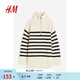 H&M女裝毛針織衫春季休閑條紋拉鏈高領(lǐng)羅紋針織套衫1089156 奶油色/條紋 XS 155/80