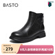 百思圖冬季商場(chǎng)新款圓頭羊皮靴通勤粗跟女短靴馬丁靴S3055DD5 黑色 37
