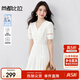 尚都比拉純棉V領(lǐng)泡泡袖白色連衣裙女夏季鏤空拼接顯瘦茶歇裙氣質(zhì)中長(cháng)裙