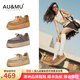 AU&MU春秋季絨面真皮袋鼠鞋厚底增高休閑鞋復古美拉德大碼女鞋百搭防滑 栗色【絨面牛皮】 2067 35