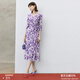 顏域碎花V領(lǐng)連衣裙女2024新款早春氣質(zhì)連身裙收腰顯瘦七分袖裙子 紫花 S/36