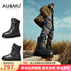 AU&MU澳洲冬季新款皮毛一體雪地靴男女款大碼中筒靴子保暖防滑防水棉鞋 黑色亮皮 【男女同款 羊毛防寒】3136 40