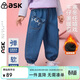 ASK JUNIOR兒童褲子冬季小童加絨保暖牛仔褲女童可愛(ài)貓咪立體造型長(cháng)褲 藍色