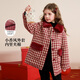 迪士尼格紋女童拜年服呢子外套2026新款紅色兒童中大童翻領(lǐng)加厚過(guò)年服