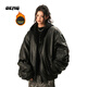 OEMG 美式重磅假兩件pu皮棉服夾克女男秋冬季加厚保暖情侶上衣外套 CP122JM黑色 【棉服款】 M [建議85-105斤]