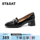 星期六（St&Sat）女鞋秋季新款淺口方頭粗跟休閑通勤單鞋 黑色 38