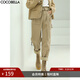 COCOBELLA工裝風(fēng)卡其色水洗棉休閑褲女春寬松高腰直筒褲PT818 卡其單版 S