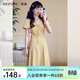 西遇碎花泡泡袖連衣裙女夏季新款收腰法式方領(lǐng)短袖長(cháng)裙 黃色 付款15天 M (160)