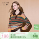 三彩2025冬季新款條紋提花針織衫寬松長(cháng)袖立領(lǐng)復古套頭毛衫M