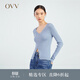 OVV春夏熱賣(mài)女裝桑蠶絲新疆長(cháng)絨棉混紡V領(lǐng)彩虹扣長(cháng)袖針織衫 紫藍（凈色）04 M