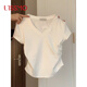 UISSMO短袖t恤女夏季chic甜辣妹V領(lǐng)韓版修身顯瘦短款褶皺收腰半袖上衣潮 白色 M