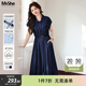 MsShe【巨顯瘦法式連衣裙】大碼女裝2025夏裝胖mm收腰巨遮肚裙子 藏青藍色現貨 3XL