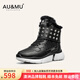 AU&MU澳洲羊毛保暖雪地靴女士冬季鉚釘加絨加厚馬丁靴防滑厚底戶(hù)外棉鞋 黑色 【羊毛保暖】629 38