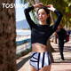 TOSWIM拓勝分體泳衣女長(cháng)袖防曬游泳衣高腰三角夏季海邊度假律動(dòng)線(xiàn)條XL