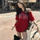 心楠美式夏季字母辣妹多巴胺紅色寬松慵懶時(shí)尚斜肩上衣女露肩短袖潮流 紅色L碼【建議100-120斤】