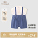 英氏（YEEHOO）【商場(chǎng)同款】嬰兒衣服夏季短袖透氣小寶寶包屁衣假兩件連體衣 中藍牛仔 90cm （建議1-2歲半）
