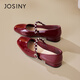 卓詩(shī)尼方頭瑪麗珍鞋女2026新款春法式赫本風(fēng)水鉆一字帶低跟單鞋酒紅色37