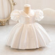 女童夏季連衣裙禮服女寶嬰幼花童周歲公主節日演出跳舞短袖蓬蓬裙 白色泡泡袖連衣裙 100