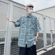 至濤復古短袖襯衫男2026夏季新款港風(fēng)寬松大碼潮流休閑格子半袖襯衣服 藍色 2XL