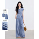 尚靜氣質(zhì)通勤套裝女2026夏季新款無(wú)袖系帶襯衫女高腰闊腿褲兩件套裝 霧感藍 M