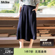 MsShe【皺感高腰七分裙褲】大碼女裝2026款春裝胖mm顯瘦闊腿褲子 藏青藍色現貨 4XL