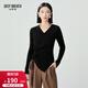 深呼吸DEEP BREATH女裝V領(lǐng)三醋酸側開(kāi)叉抽繩針織衫女A301627 黑 M (3)