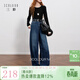 三彩2025冬季新款一體絨磨毛收腰牛仔褲休閑寬松鐮刀褲長(cháng)褲M(mǎn) 海軍藍 M 160/68A