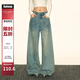 AAISUP美式復古設計感燙鉆牛仔褲女2026新款立體水鉆高腰闊腿拖地褲子潮 藍色 S