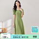 尚都比拉短袖連衣裙女夏季時(shí)尚通勤中長(cháng)款a字裙釘珠收腰顯瘦裙子 綠色 L