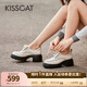 接吻貓KISSCAT【奧利奧】厚底增高樂(lè )福鞋新款真皮系帶小皮鞋學(xué)院風(fēng)單鞋 米白色 38