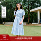 茵曼亞麻法式木耳邊連衣裙2025夏季女裝新款系帶收腰短袖藍色長(cháng)裙 迷霧藍 M