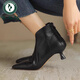 啄木鳥(niǎo)2024新款貓跟V口短靴女春秋單靴及踝靴法式優(yōu)雅尖頭細四季裸靴鞋 黑色 38