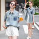 妹丫牛仔襯衫女短袖2026新款寬松休閑蕾絲拼接襯衣外套薄款外搭 藍色 S