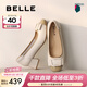 百麗（Belle）舒適優(yōu)雅單鞋女蝴蝶結牛皮方跟鞋D3S1DAQ5預售 米白 37