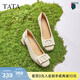 他她（TATA）白色休閑鞋女鞋通勤單鞋女鞋春季新款粗跟高跟鞋 米白 37